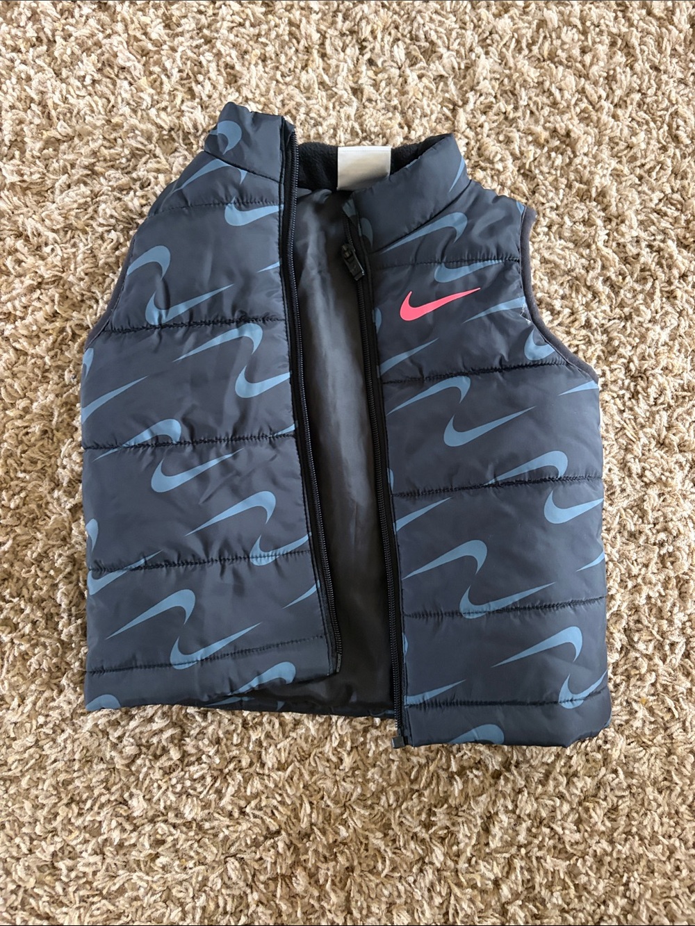 Nike Kids Navy Puffer Vest with Light Blue Swoosh Print and Pink Logo